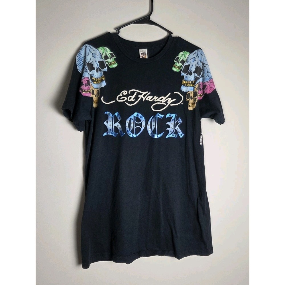 Vintage Ed Hardy Christian Audigier Rhinestone "ROCK" Skull T-Shirt Large Y2K‎